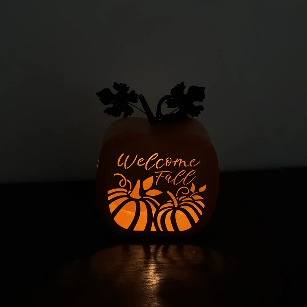 NWT- LED Light Up- Welcome Fall Orange Metal Pumpkin Decoration w/ Metal Leaves